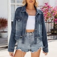thumbnail image 2 of Veste en Denim pour Femmes, Manches Longues Col Rabattu Veste Décontractée, Coupe Régulière Veste Bleue pour l'Hiver Usage Quotidien, 2 of 4