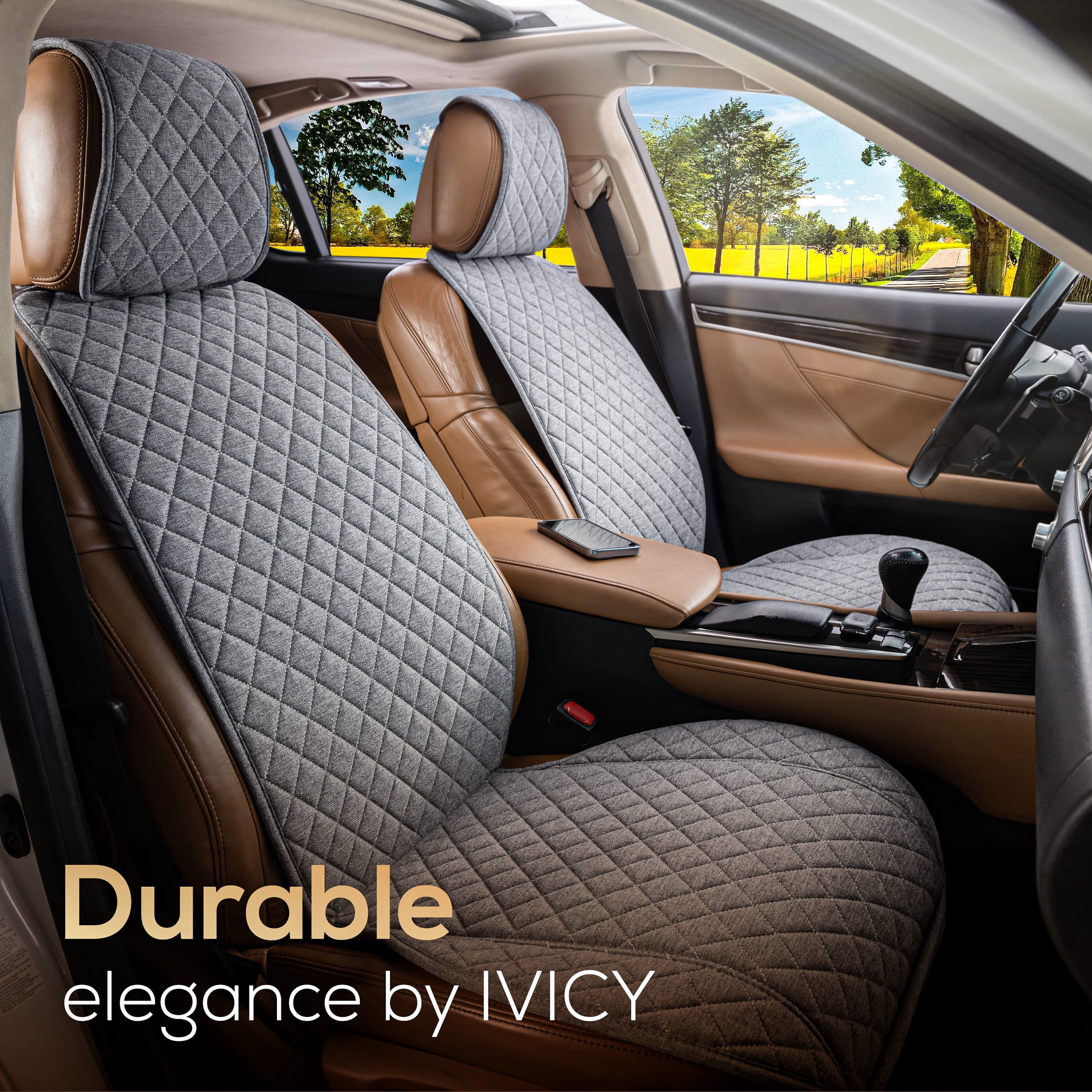 IVICY Faux Linen Front Car Seat Cover – Durable, Non-Slip Seat Protector for Cars – 1 Unit,  Gray