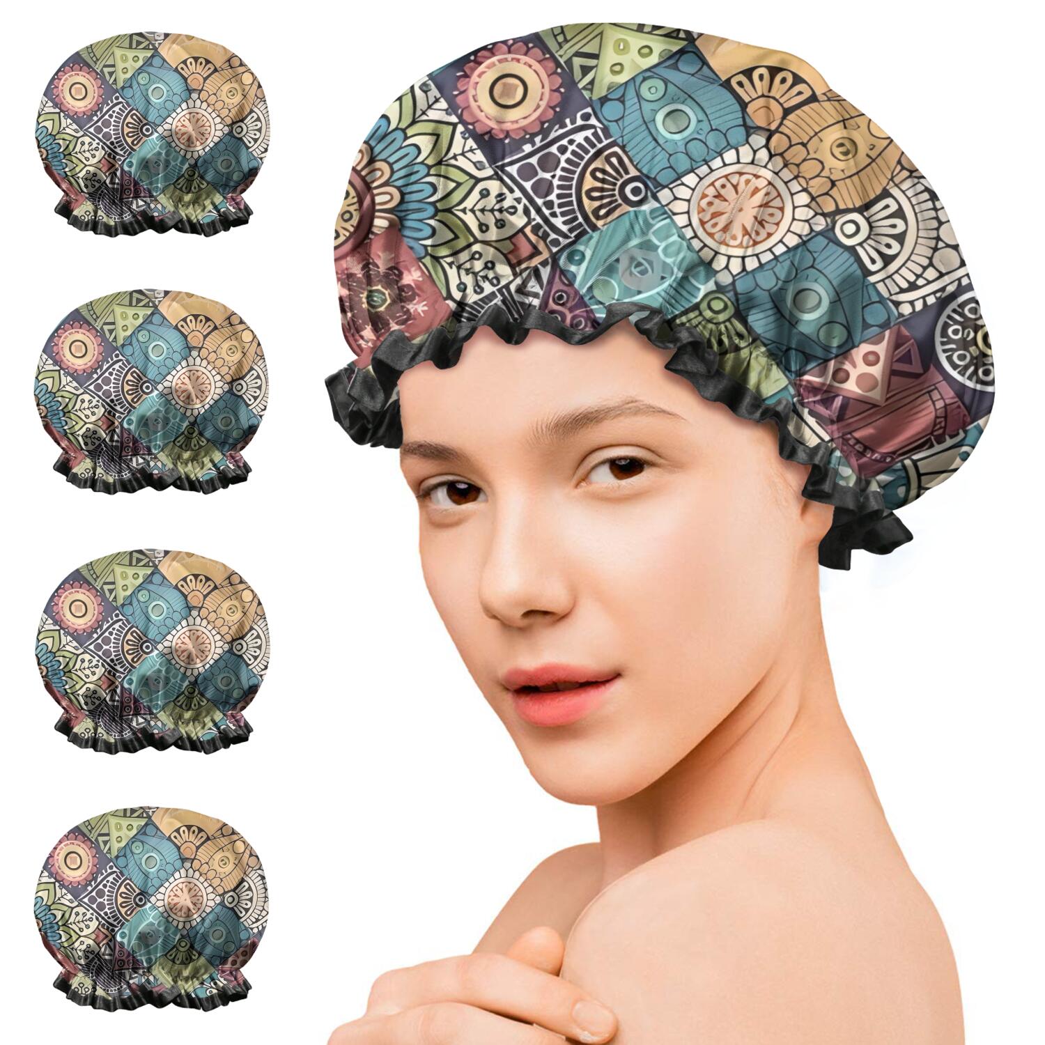 Shower Caps,Multicolor Ethnic Geometric Pattern Waterproof Shower Cap for Women 4 Pieces,Double Reusable Hair Cover for Shower PEVA Elastic Stretch Hem
