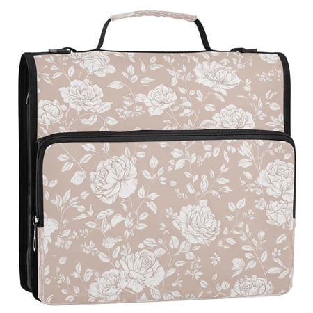 3 Ring Zipper Binder Stationery Organizer for Study Work Home Travel All-Purpose File Folder Storage Bag for Daily Document Organization Beige Background Rose Print