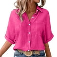 thumbnail image 2 of TODOZO Button Down Shirts for Women V Neck Collared Summer Beach Tops Blouses for Women Casual Women's Fashionable and Casual Solid Color Single Pocket Slit Mid Sleeved Top Shirt Hot Pink M, 2 of 9