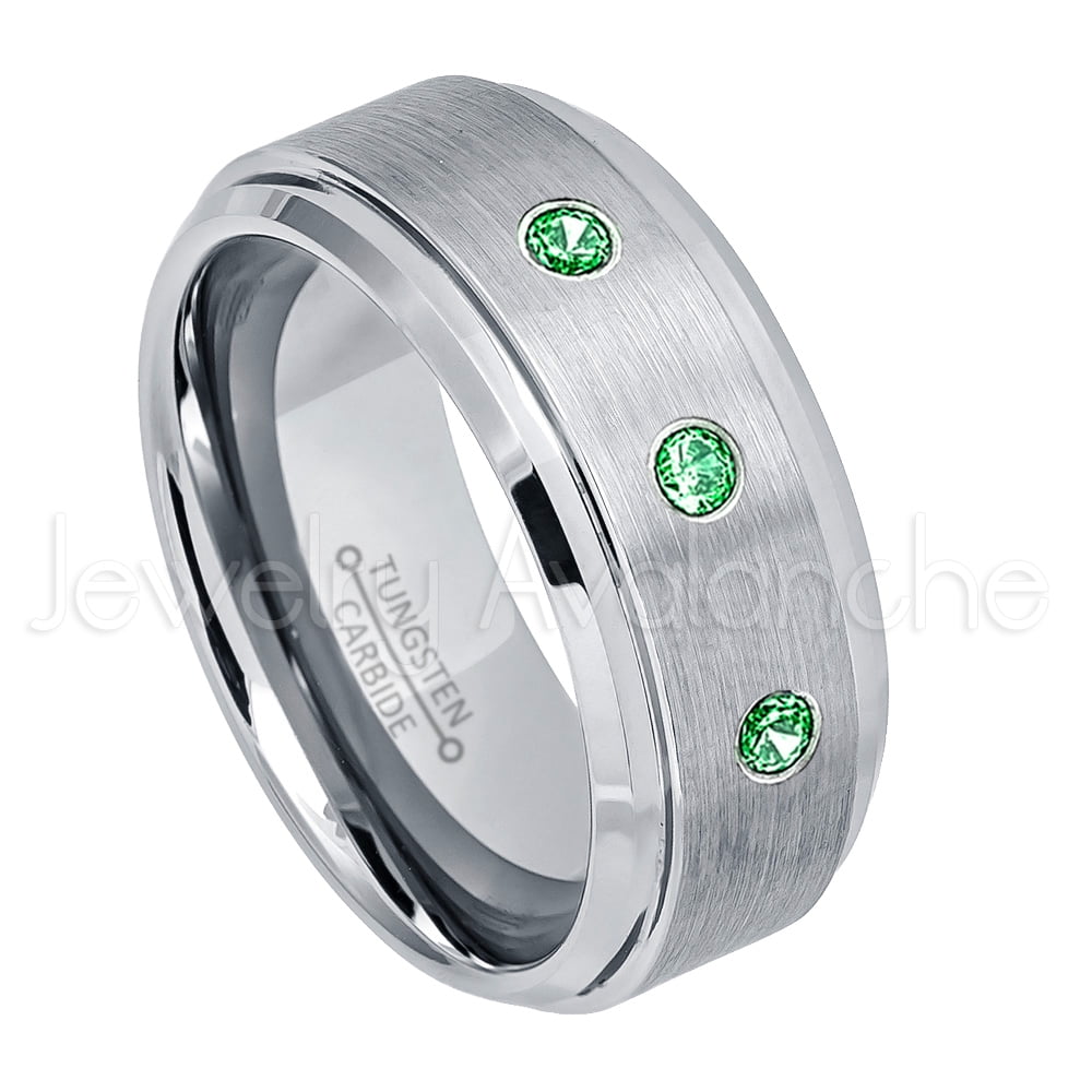 Jewelry Avalanche 0.21ctw Tsavorite Garnet & Diamond 3-Stone Tungsten Ring 9MM Comfort Fit Brushed Finish Beveled Edge Tungsten Carbide Wedding Band