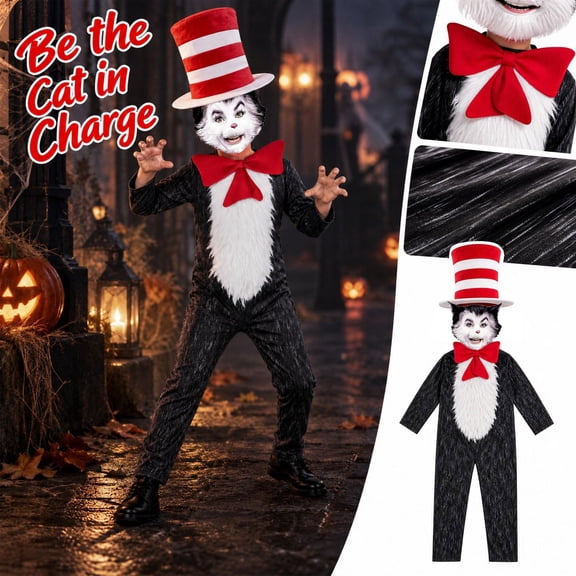 Cat Hat Costume Horror Realistic Jumpsuit Mask Piece Creepy Jumpsuit with Face Mask Red Striped Hat & Bow Tie Halloween Party Cosplay