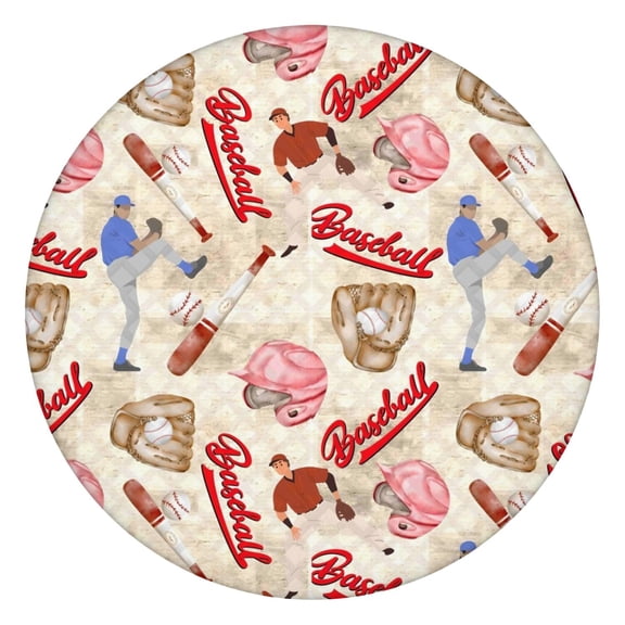 Beige Baseball Elements Pattern Round Fitted Tablecloth with Elastic Edge,Dining Table Cover Waterproof,Outdoor Round Tablecloth for Camping,Dining,Indoor and Outdoor