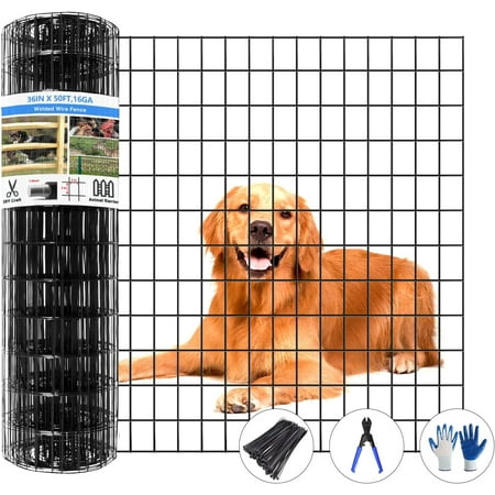 Welded Wire Fence, 50ft(L) x 36inch(H) PVC Coated Wire Fencing for Dog, 2 Inch x 3 Inch 16GA Fencing for Chicken, Anti-rust Roll Metal Wire Mesh Fence for Yard Vegetable, Black