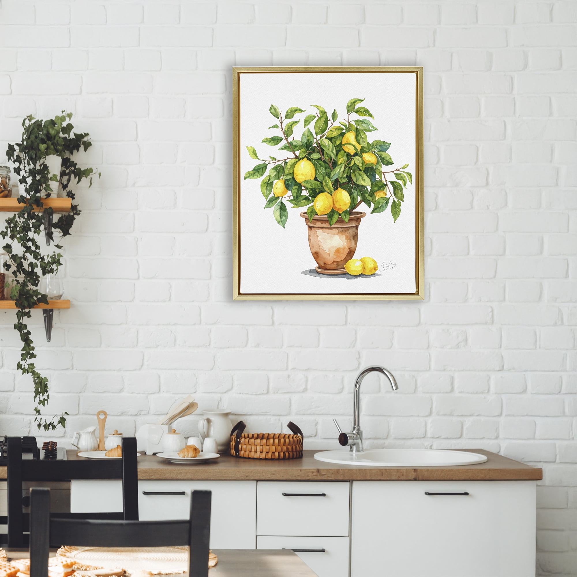 Stupell Industries Potted Lemon Tree Gold Framed Floater Canvas Wall Art, design by Shelly Craig