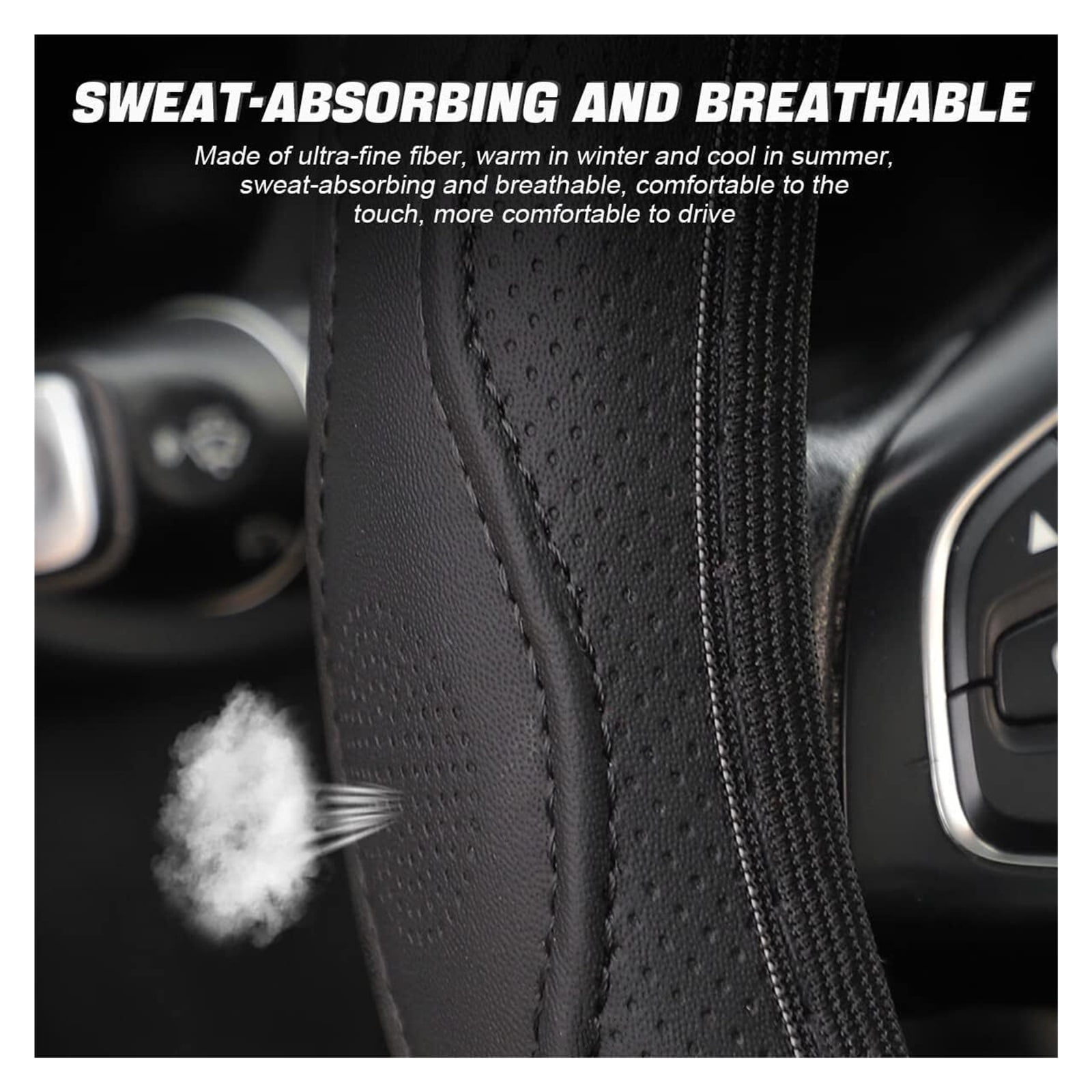 MPXBM PU Leather Steering Wheel Covers for Jeep Grand Cherokee L 6-Seater 2021 2022 2023 2024 2025 Anti Slip Breathable Car Steering Cover Sports Style Car Interior Accessories,(Black)