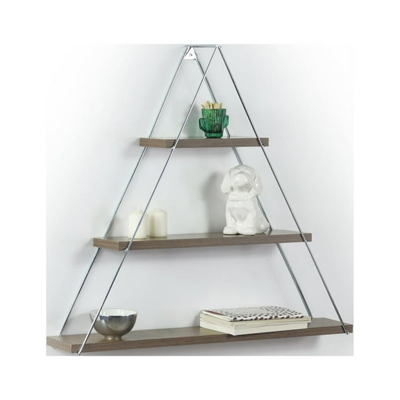 Rustic Triangle Wall Shelf Decorative Metal & Wood Display Stand for Books and Decor, Walnut/Chrome Finish