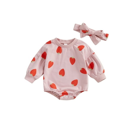 

WERNZATT Baby O Neck Romper Long Sleeve Strawberry Print Romper with Headband
