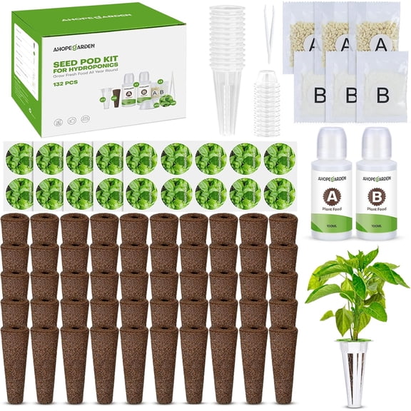 132pcs Hydroponic Pods Kit: Compatible with AeroGarden Herb Kits with 50 Grow Sponges, 50 Pods Lable, 12 Grow Baskets and Dome, 8 A&B Plant Food, Indoor Garden Kit Supplies for Most Brands