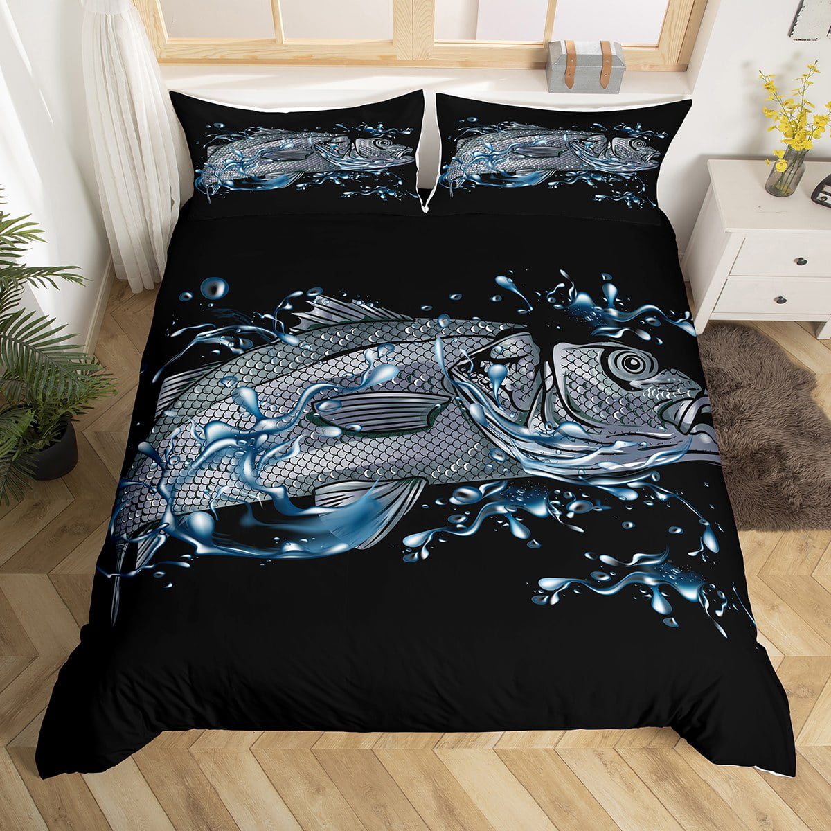 Navy Pike Fish Bed Sets Deep Ocean Theme Duvet Cover, Coastal Sealife