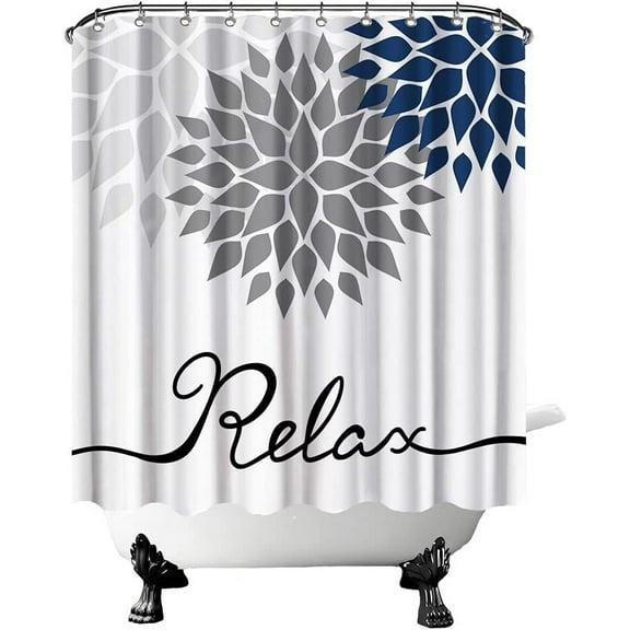 Dahlia Shower Curtain Navy Blue and Grey Fabric Curtain Relax Bathroom Curtain for Home Decor Hooks Included 72" x 72" White