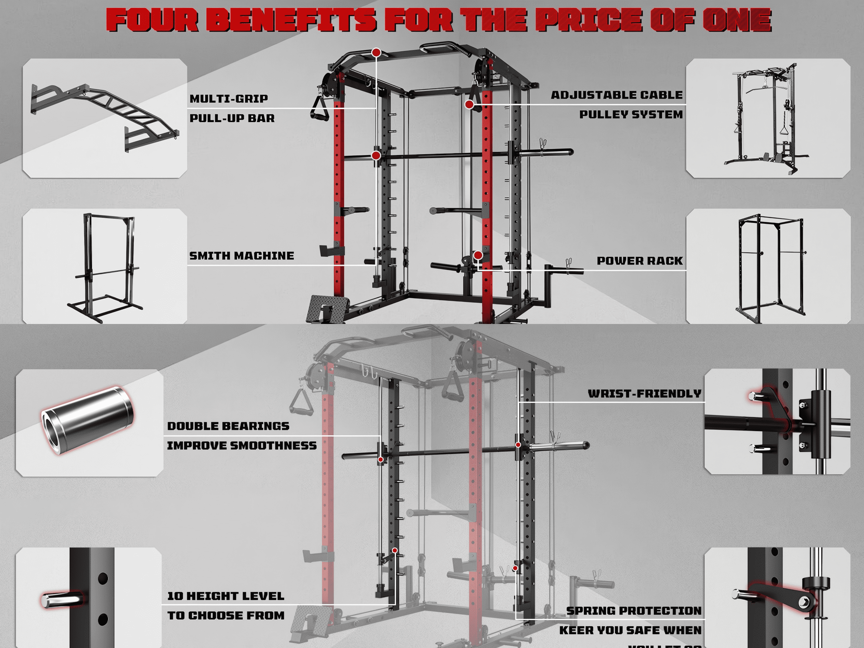 Allviate Smith Machine Power Cage, 2000LBS Capacity All-in-One Squat Rack with Cable Crossover System, Multi-Function Strength Training Equipment for Home Gym