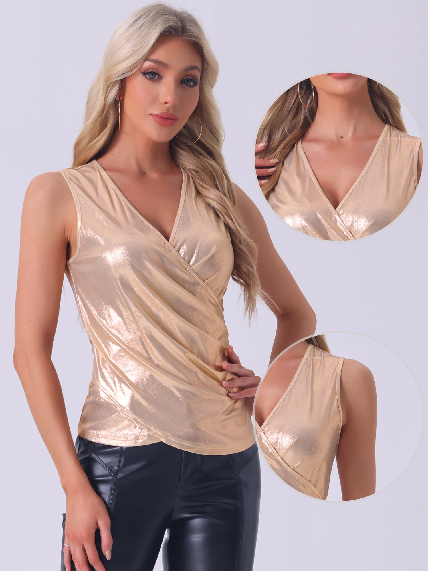 DARING DIVA Shiny Metallic Tank Top for Women's Sleeveless V Neck Shirt XS Light Pink