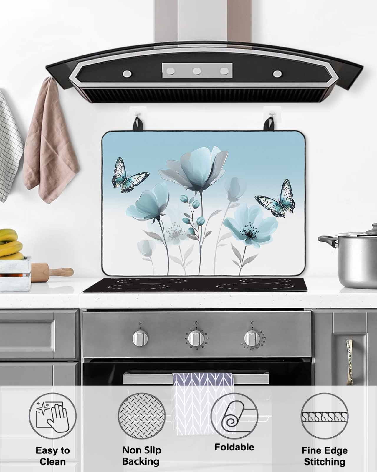 nqOlkjepod Large Induction Cooktop Protector Mat 36"x21", Spring Tulip Stove Top Covers for Electric Stove, Pastoral Rustic Chic Butterfly Floral Stove Burner Cover Mats, Glass Top Stove Cover
