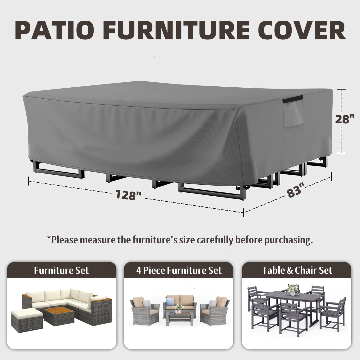 Patio Sectional Sofa Cover with Windproof Straps, Heavy Duty Waterproof Furniture Cover for Modular and Corner Couches, 128"L x 83"W x 28"H,Gray