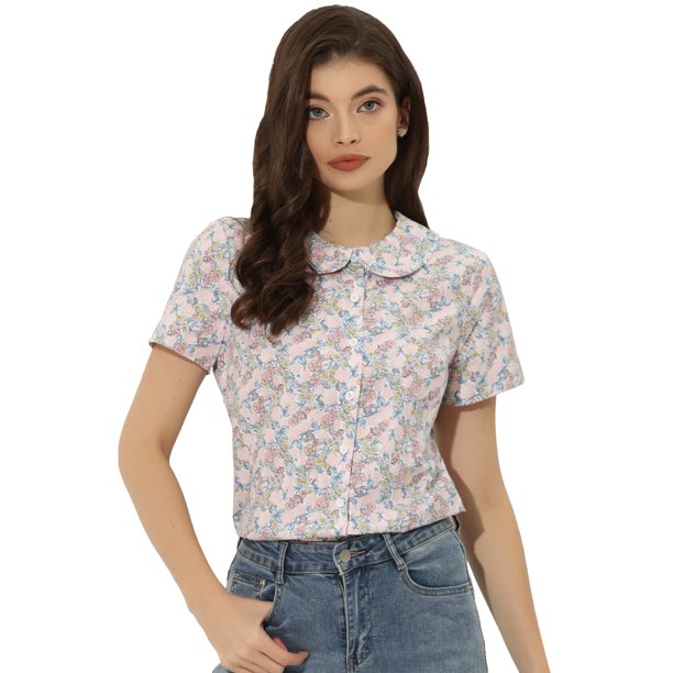 INSPIRE CHIC Blusa con estampado floral retro con cuello Peter Pan para mujer Rosa L