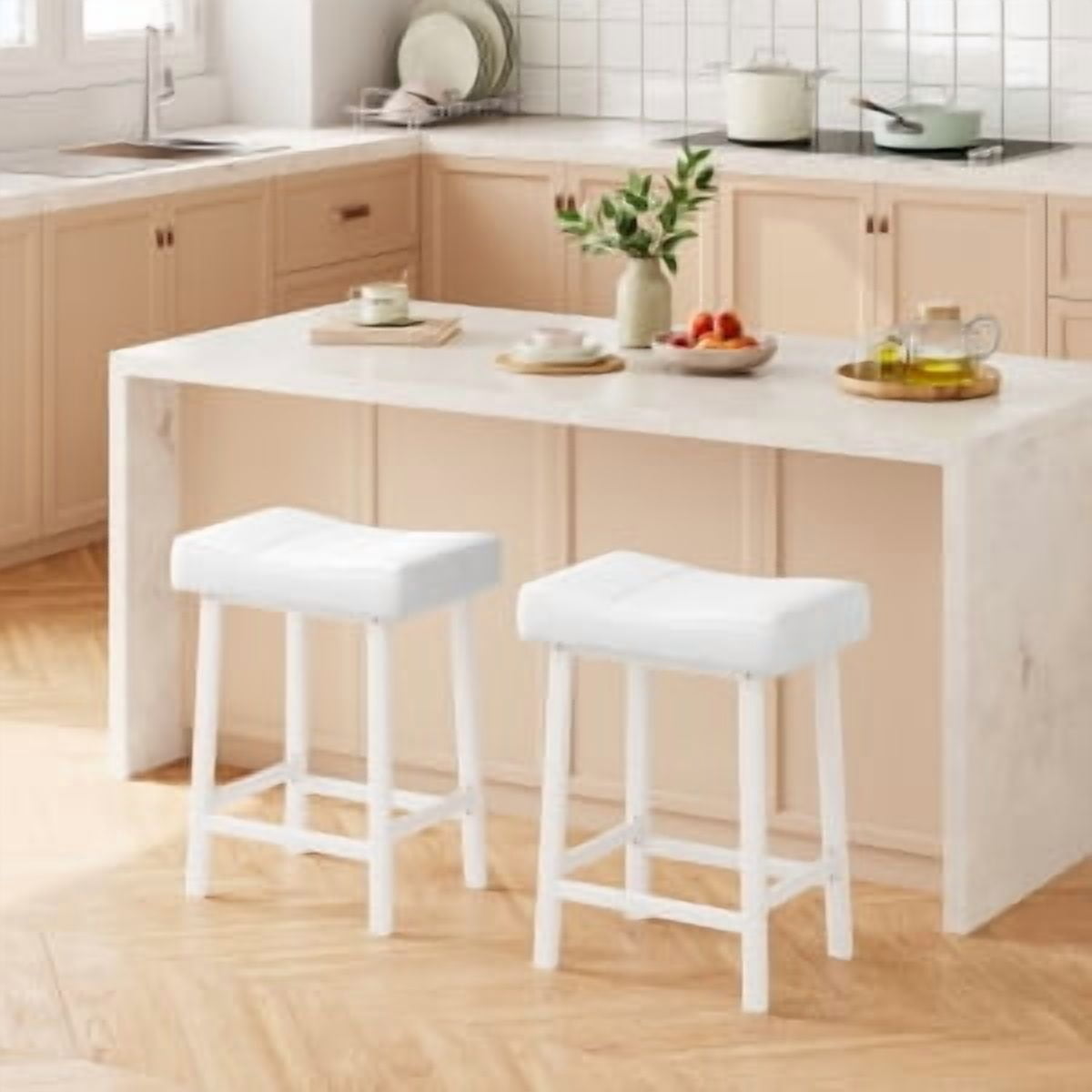 Acekid Bar Stool Set of 4&nbsp;– 24 Inch Counter Height, Upholstered Padded Seat with Curved Surface, Ergonomic Saddle Design for Kitchen/Home, White + White Cushion