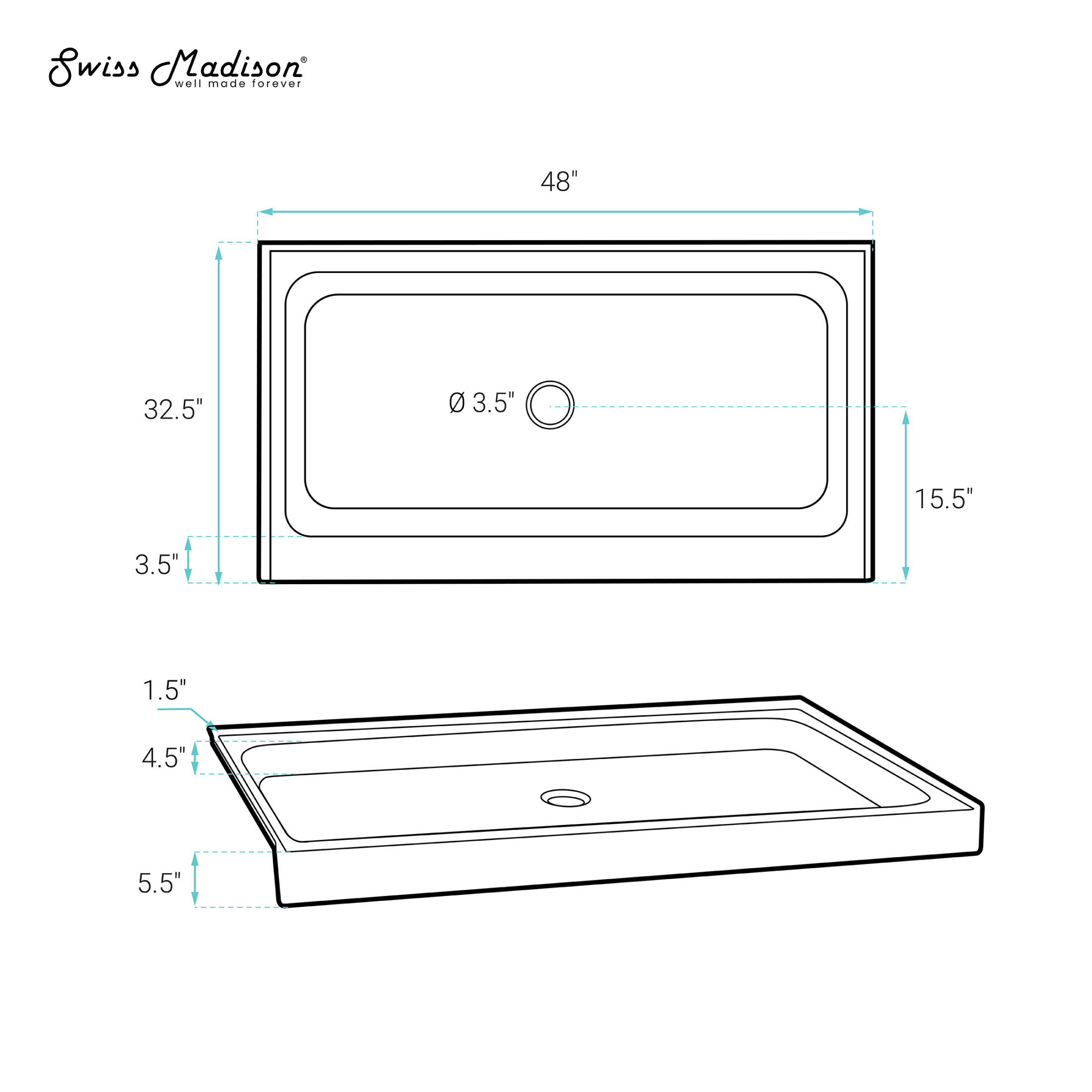 Voltaire 48" x 32" Single-Threshold, Center Drain, Shower Base in Gray
