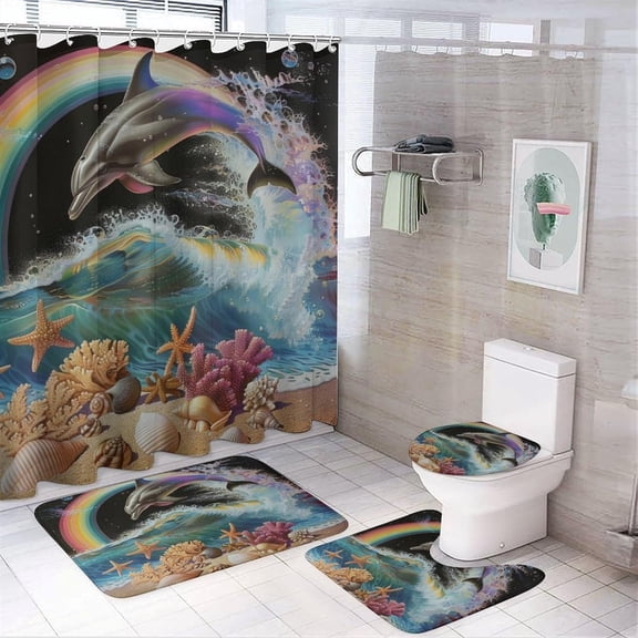 4Pcs Colorful Ocean Dolphin Shower Curtain Sets, Bathroom Decor Set with Rugs, Bath Mat Sea Shell Rainbow Shower Curtain, 72 X 72 Inch
