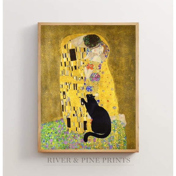 Klimt Kiss Black Cat Wall Art Print
