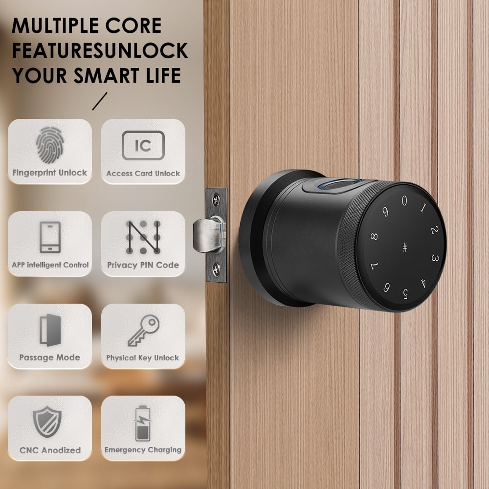 Smart Fingerprint Door Lock, 5 in 1 Smart Fingerprint Door Knob with Keypad, App Control, IC Card,Auto Lock, Biometric Door Knob with Lock for Bedroom, Apartment, Garage, Home & Office