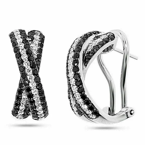 2 Ct Round Cubic Zirconia Black & White Diamond Hoop Earrings, 14K White Gold Plated Sterling Silver
