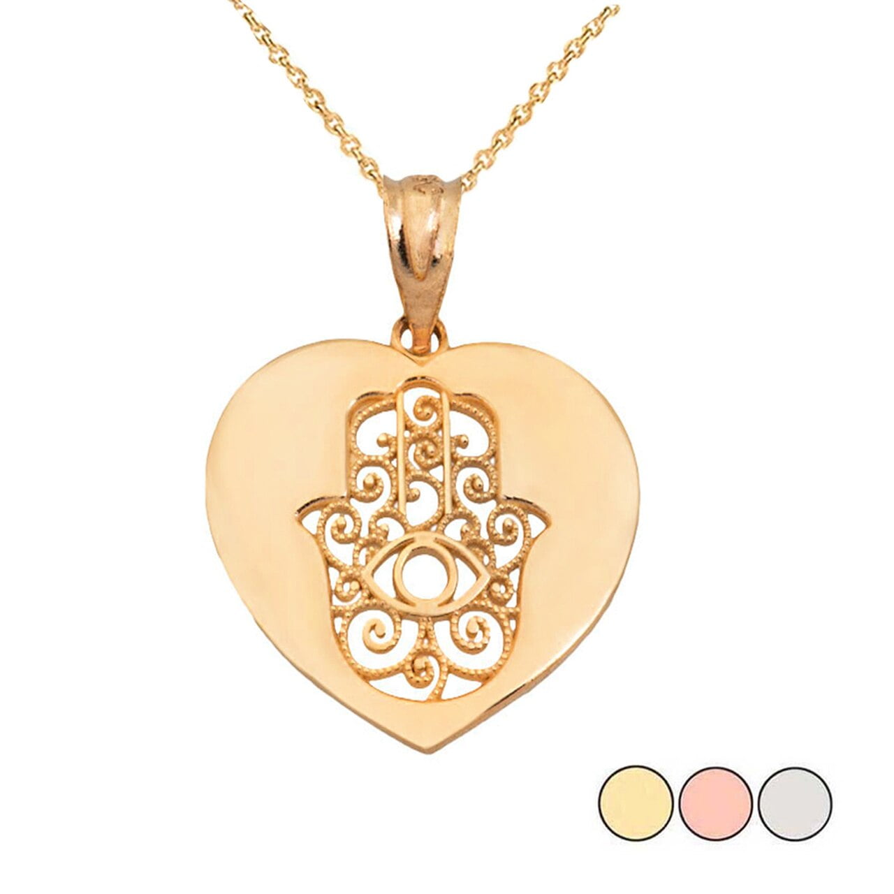 CUT OUT FILIGREE HAMSA FACING UP IN HEART PENDANT NECKLACE IN GOLD (YELLOW/ ROSE/WHITE