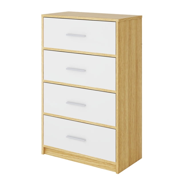 Cómoda de 4 Cajones para Hogar y Oficina, Estructura de Madera y Cajones de Tela con Cubiertas de MDF (Madera Clara y Blanco)