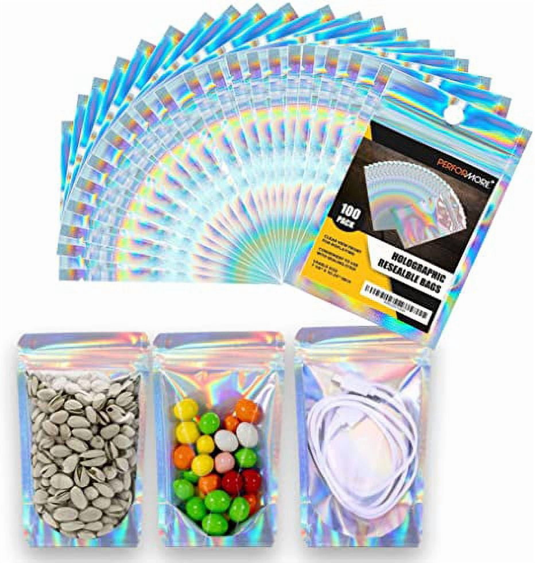 100 Pack of Holographic Resealable Food Bags, 7 x 10 Resealable Smell Proof Mylar Bags, Clear Front Window with Aluminum Foil Back, Waterproof Pouch Ziplock Bags for Food Storage and Packaging