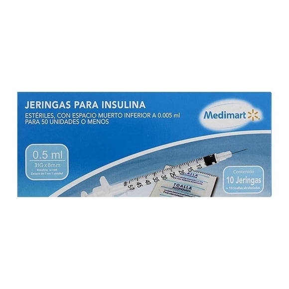Jeringas para insulina Medimart 0.5 ml para 50 unidades o menos + 10 toallas alcoholadas