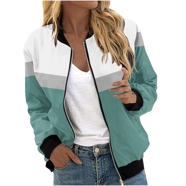 Fall Jackets for Women Color Block Zip up Baseball Jacket Casual Coat Stand Collar Lightweight Short Outwear Tops Ribbed Knit Sweaters for Women S-103 Green L