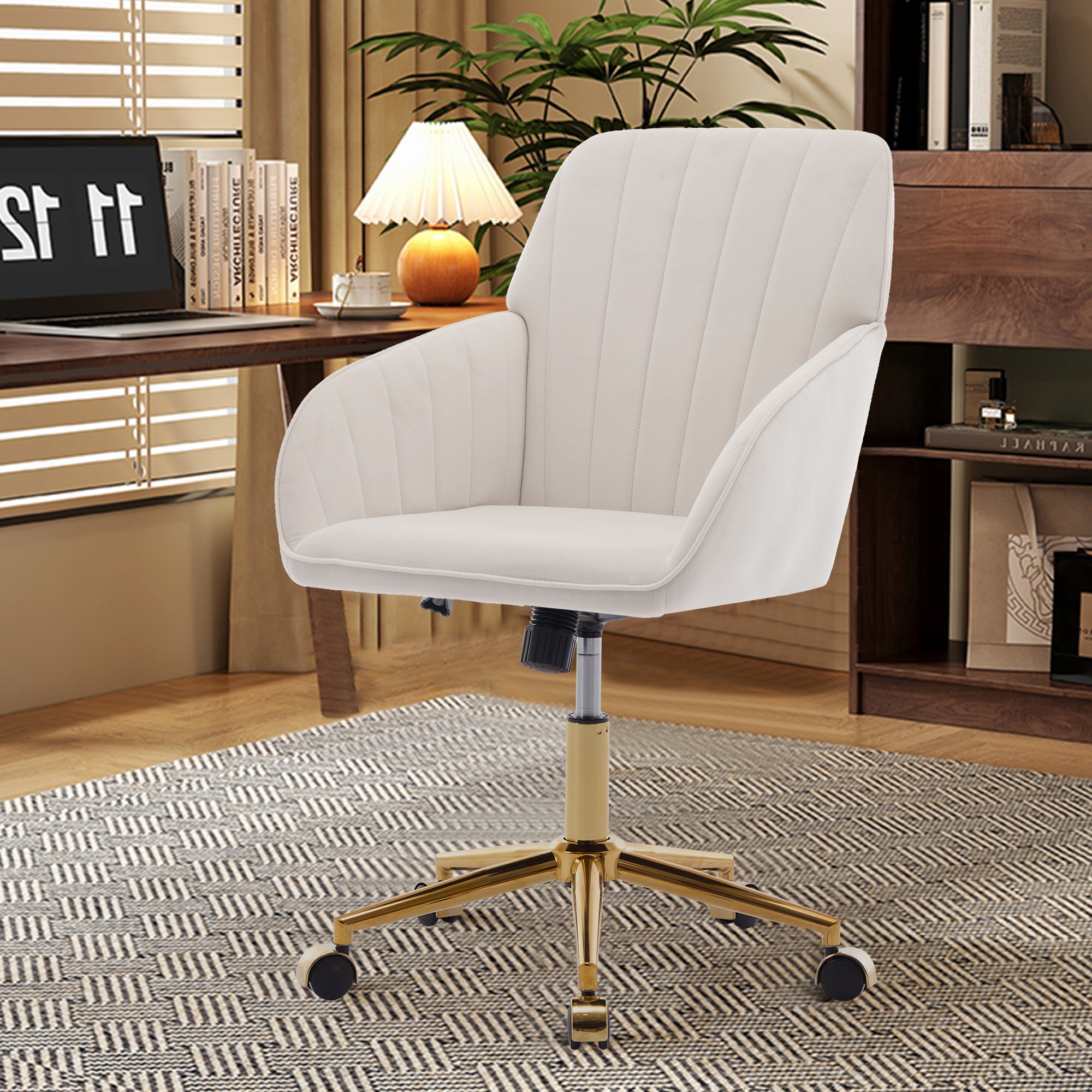 Modern Arm Chair,Adjustable Office Desk Chair with Wheels,Swivel Vanity Chair,Beige