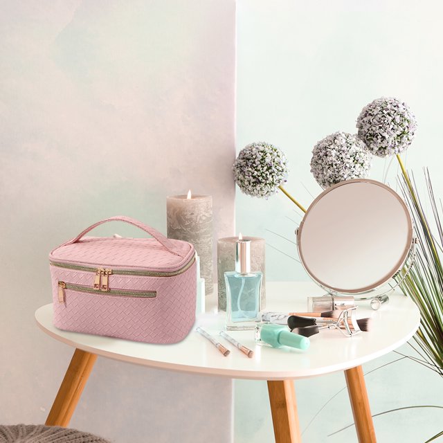 Bolsa de maquillaje de cuero PU de gran capacidad con asa y divisor para mujeres y niñas