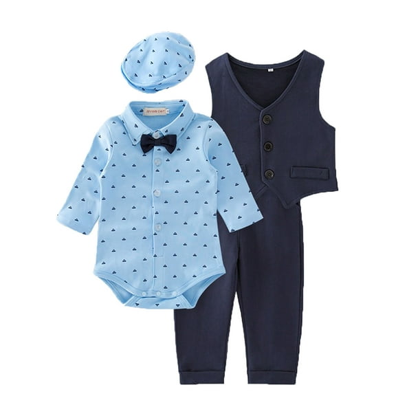 CARETOO Baby Boy Clothes Suits Infant Gentleman Shirt Dress Vest Pants Berets Hat Bowtie Outfits Set