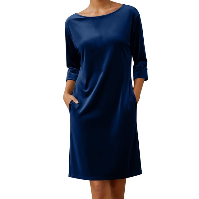 JGGSPWM Robes en Velours pour Femmes Élégantes à Manches Longues à Col Rond Robe de Couleur Unie Robe Midi Vintage avec Poches Bleu m