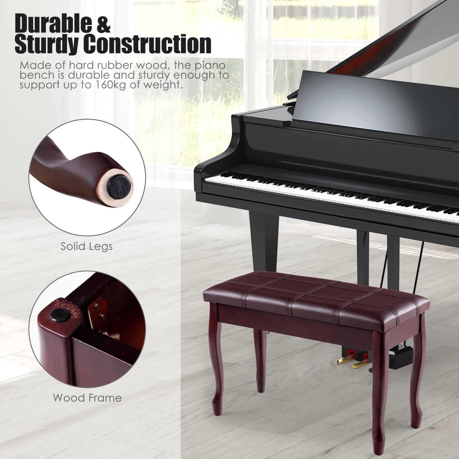Giantex Piano Bench Stool, Heavy Duty Piano Duet Seat w/Padded Cushion, Music Storag & Solid Wooden Legs, Brown
