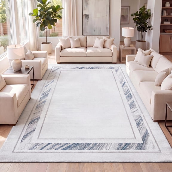 JONATHAN Y CARMEL 5 x 8 Area Rug, Athens Border Marble Pattern - Silver/Blue, CAR102B-5