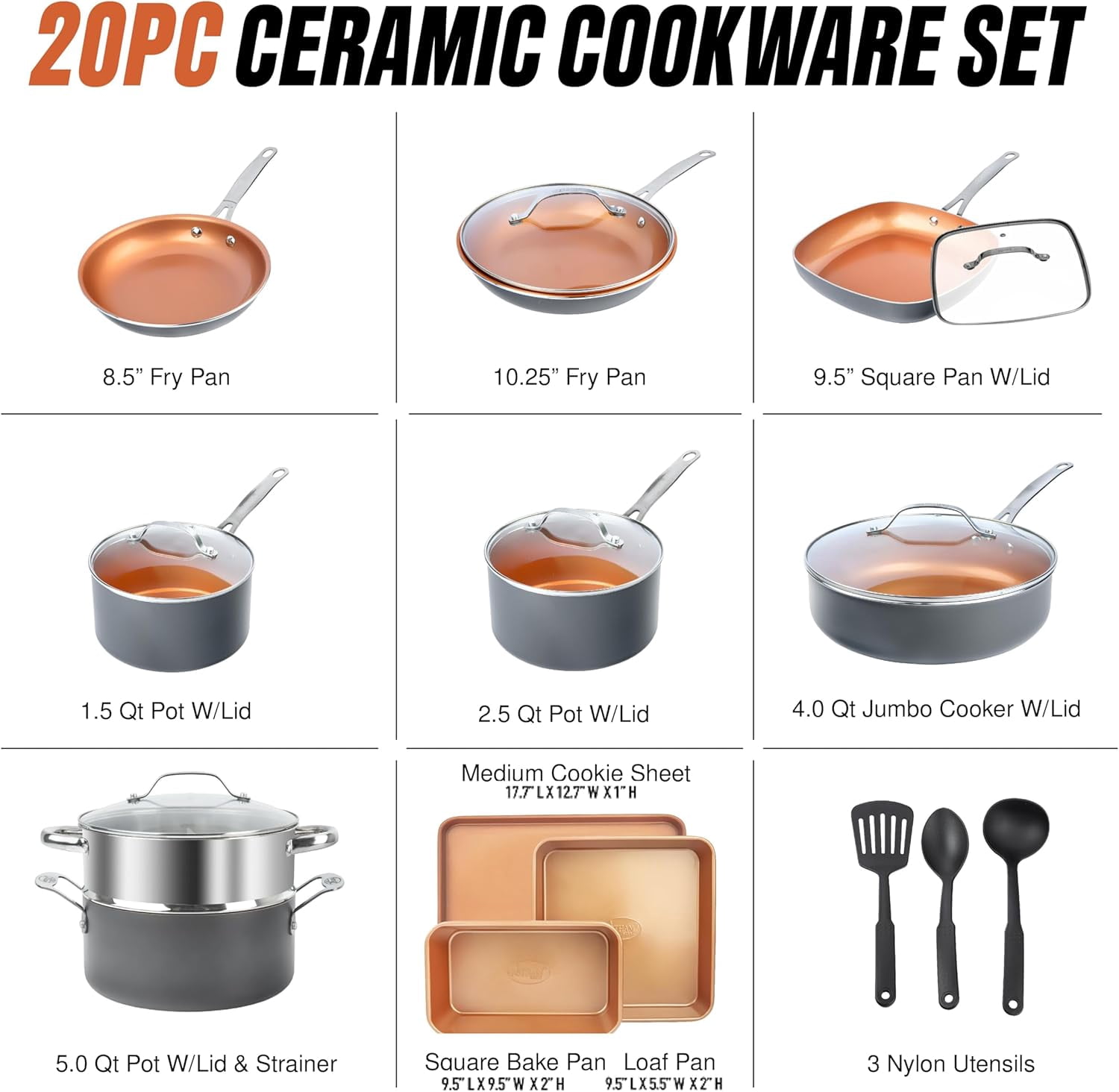 Gotham Steel TRUE VALUE 20 Pc Ceramic Pots and Pans Set Non Stick, Ceramic Cookware Set with Bakeware, Pot and Pan Set with Utensils, Non Stick Pots and Pan Set, Oven & Dishwasher Safe, Copper
