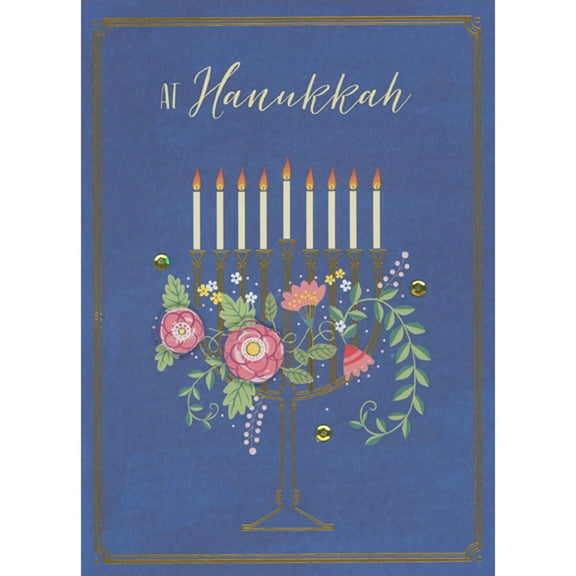 Designer Greetings Pink 3D Die Cut Flowers, Gold Sequins, Gold Foil Outlined Menorah Hand Decorated Hanukkah Card