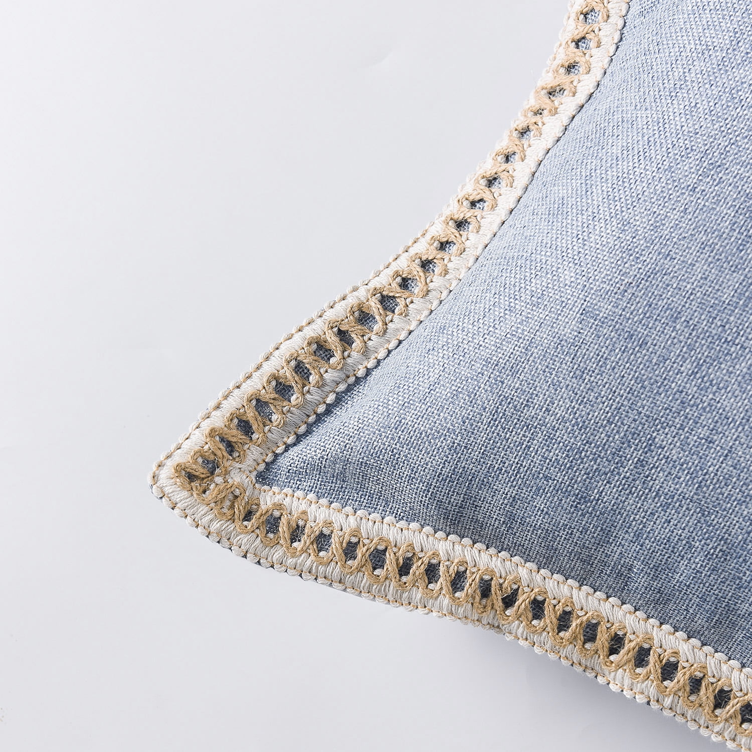 EvJk Set of 2 Blue Throw Pillow Covers Vintage Linen Trimmed Cushion Covers, 18"x18"