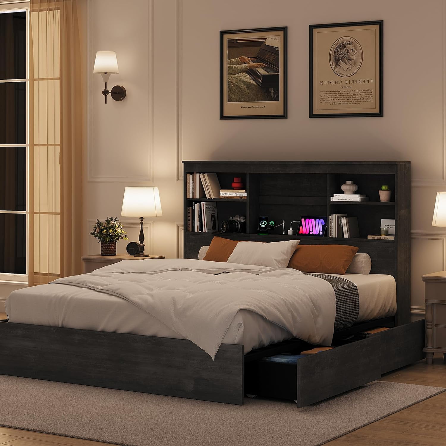 King Size Bed Frame with High Storage Bookcase Headboard, Wood Bed Frame with 4 Storage Drawers, Built in Charging Station, No Box Spring Needed, Metal Frame, Noise-Free, Ink