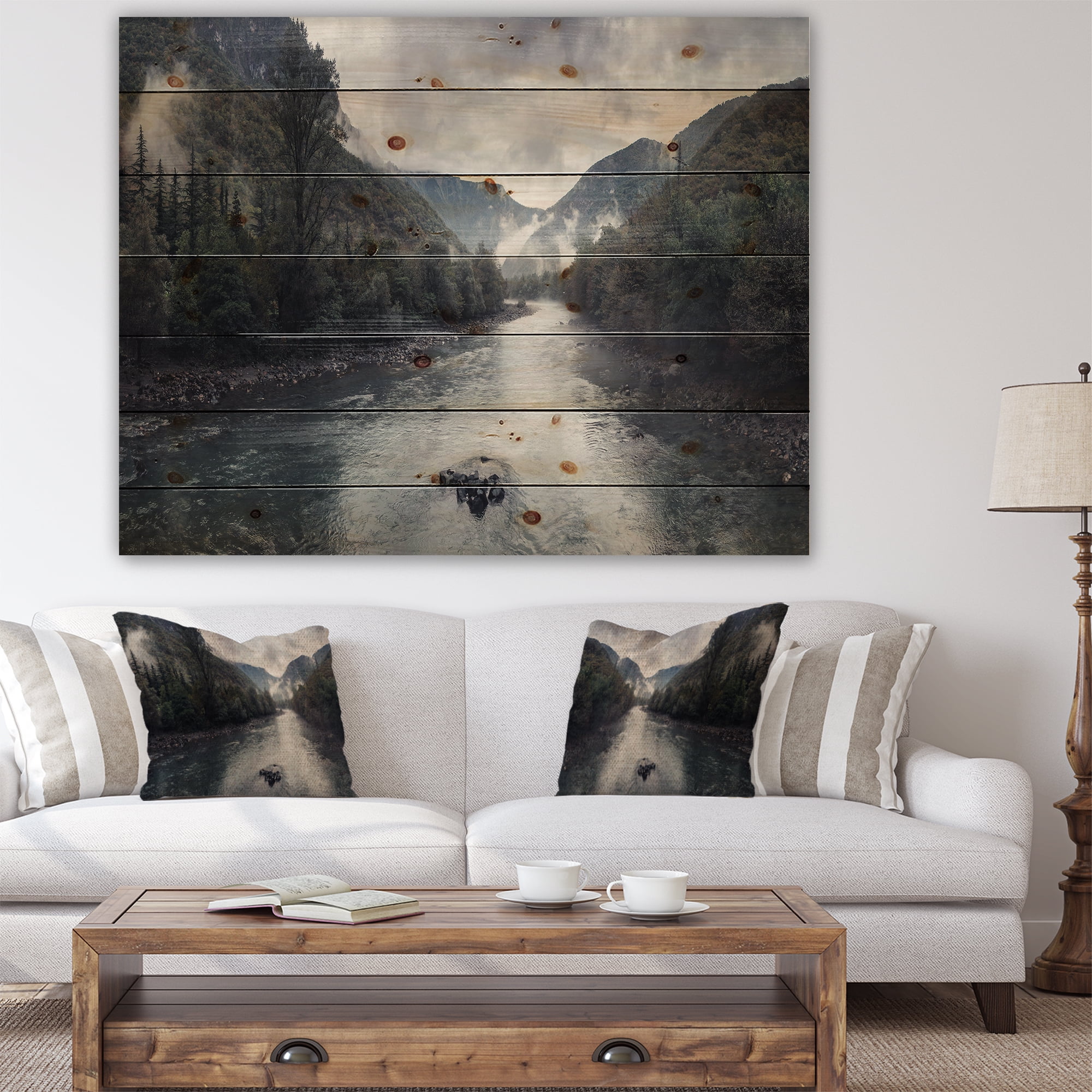 Designart 'Mountain River with Fog and Rain' Modern Seascape Print on Natural Pine Wood