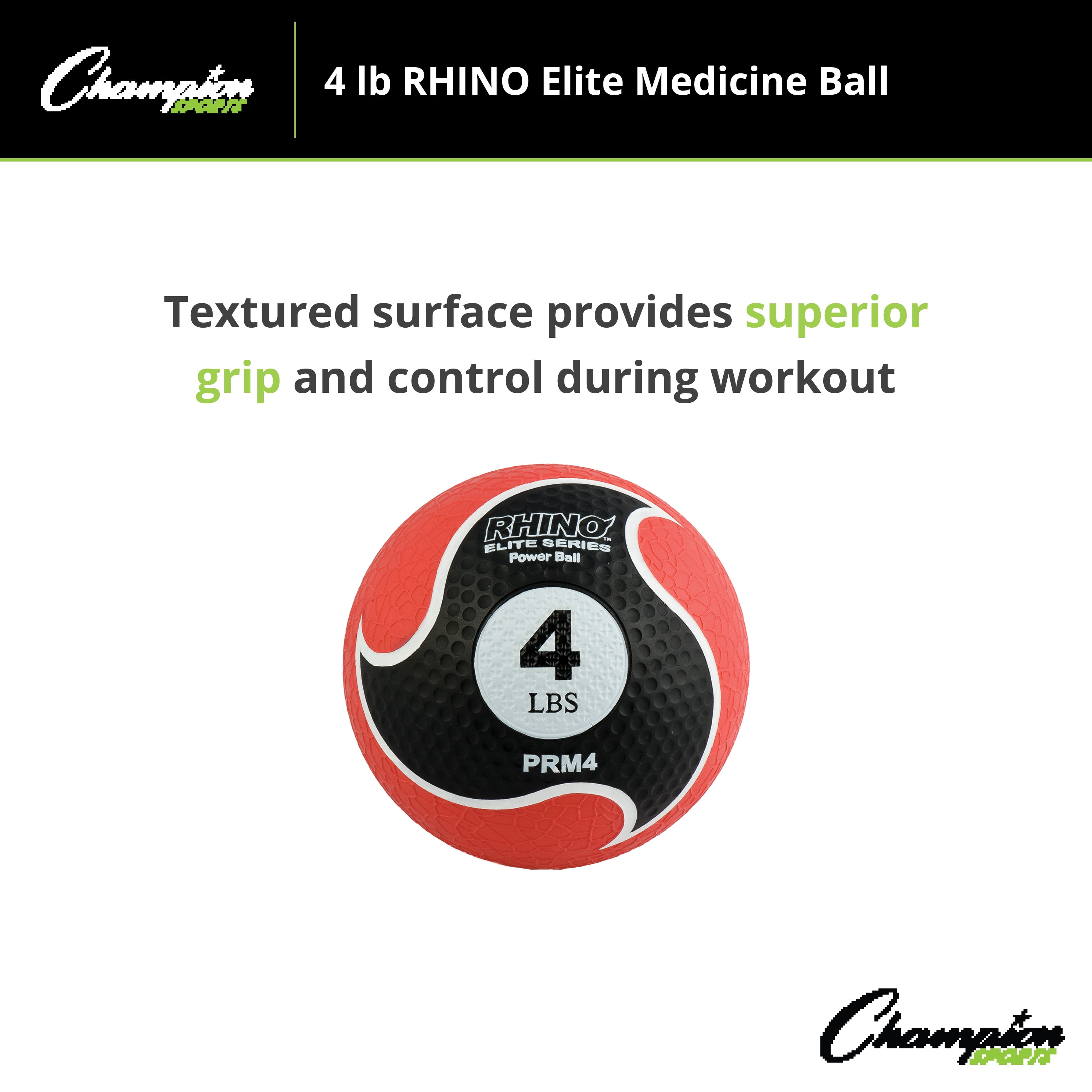 Champion Sports Rhino Elite Medicine Ball-Durable Rubber Weighted Ball & Textured Grip for Core Strength-Cardio & Cross-Training Workouts-Home or Gym Fitness-Red (4lbs)