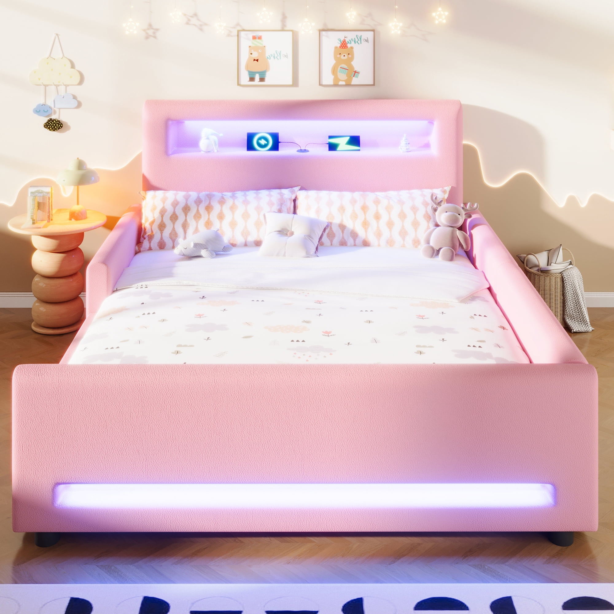 Euroco Upholstered Full Size Platform Bed with LED Light and USB Ports, 2 Drawers, Pink