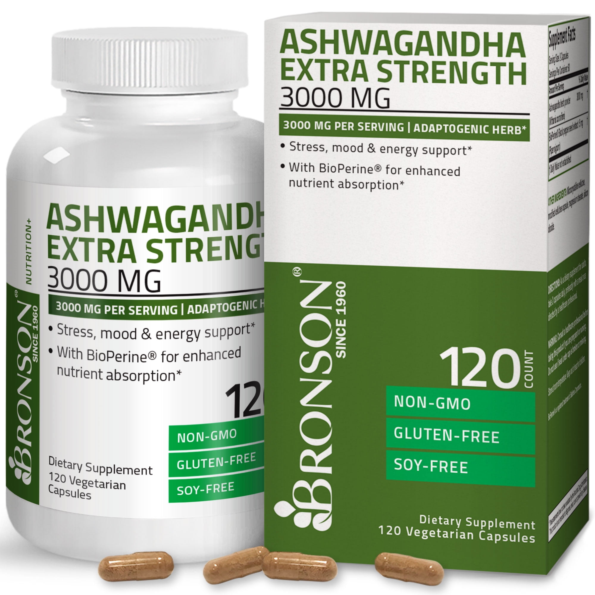 Bronson Ashwagandha Extra Strength 3000 mg per Serving, Stress & Mood Support with BioPerine - Non GMO, 120 Vegetarian Capsules