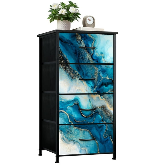 Boho Dresser for Bedroom with 4 Storage Drawers blue gold marble watercolor abstract blue white gold marble Dressers Chest of Drawers Steel Framed Fabric Closet Organizers for Entryway