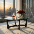 thumbnail image 4 of Demi Bonn Oval Coffee Table, Dining Center Tables with Tempered Glass Tabletop and Rubber Wood Legs for Living Room, Bedroom, Office and Balcony, Black, 4 of 9