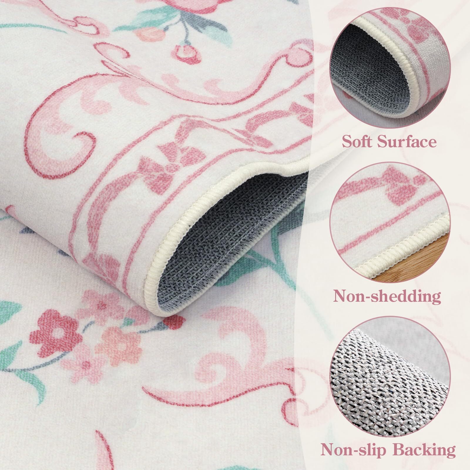 Wonnitar 3'x 5' Floral Area Rugs for Bedroom, Cute Bow Pink Rugs for Kids Room, Washable Accent Rugs Non Slip Low Pile for Nursery Room, Playroom, Vanity Room