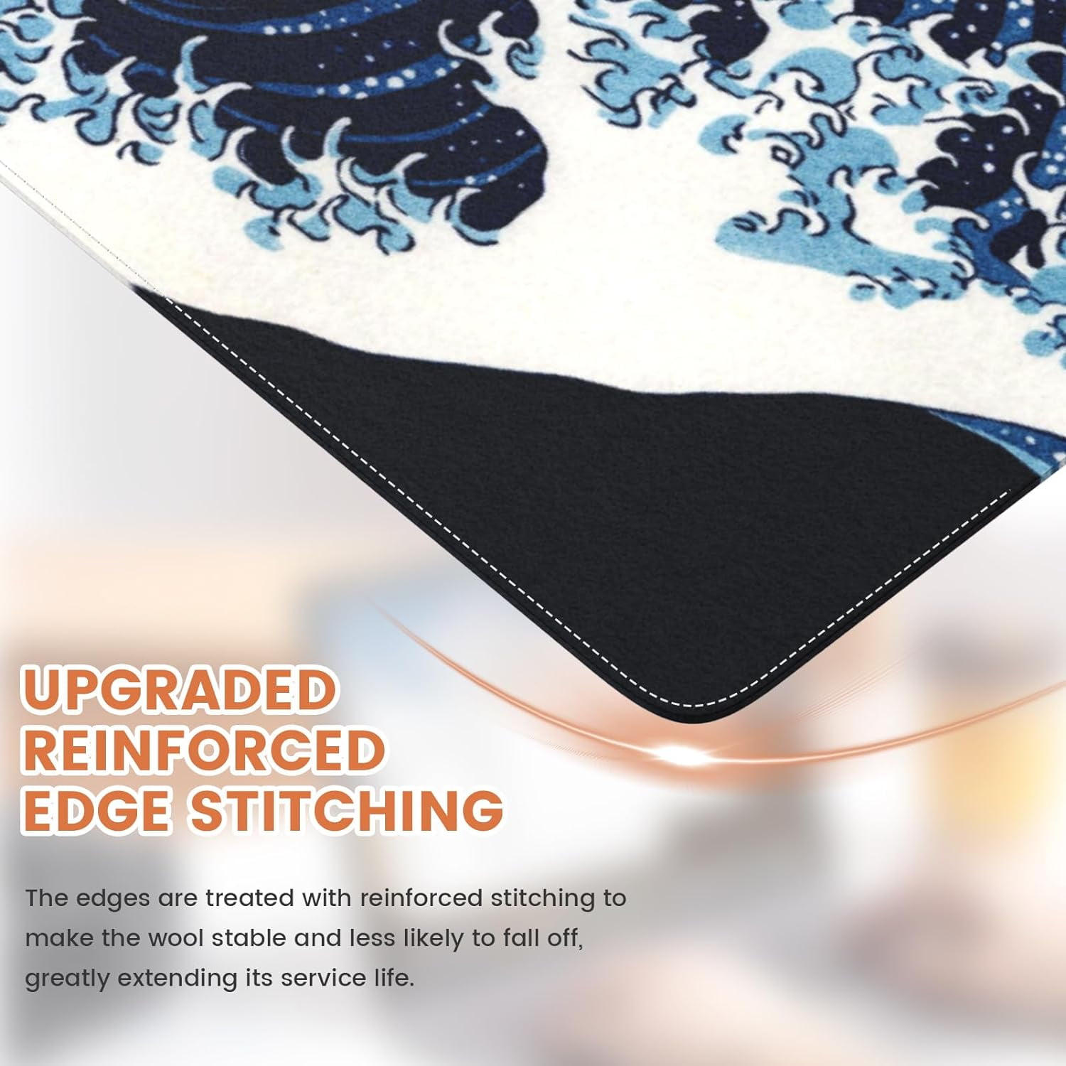Felt Desk Mat, Japanese Sea Wave Large Mouse Pad, No Bad Smell Felt Mouse Pad with Stitched Edges, 3mm Thick 35.4x15.7 inch Felt Desk Pad Mat, Black Mouse Pad for Gaming Work, Blue